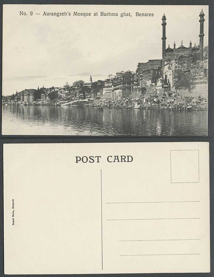 India Old Postcard Aurangzeb's Mosque at Burhma Ghat Benares River View Panorama