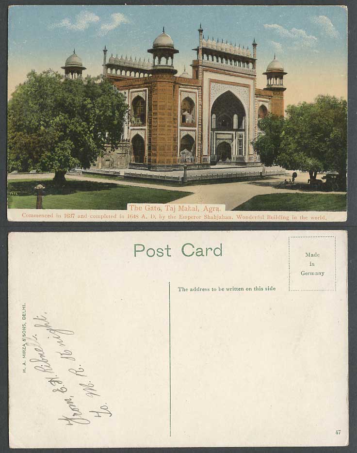 India Old Colour Postcard Gate TAJ MAHAL Agra Commenced 1637 Completed 1648 A.D.