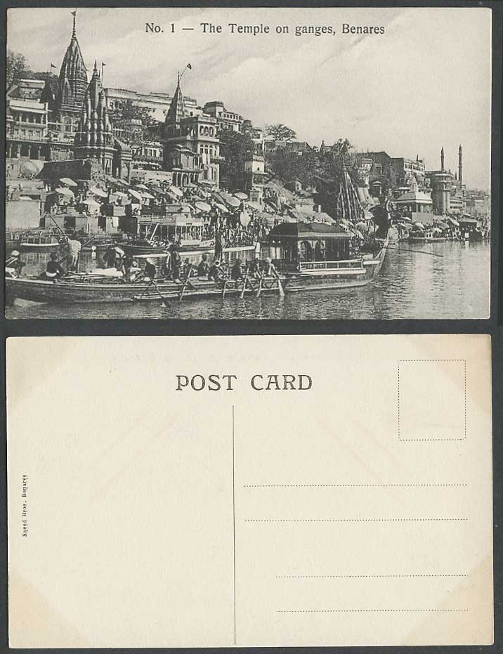 India Old Postcard The Temple on Ganges Benares, Rowing Boat River Scene Temples