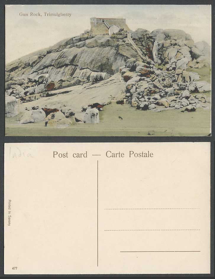 India Old Hand Tinted Postcard The Gun Rock Trimulgherry Decean Dn. Rocks No.477