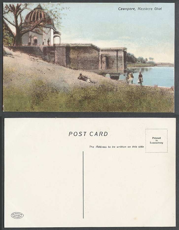 India Old Colour Postcard Massacre Ghat River Scene CAWNPORE Natives Draw Water