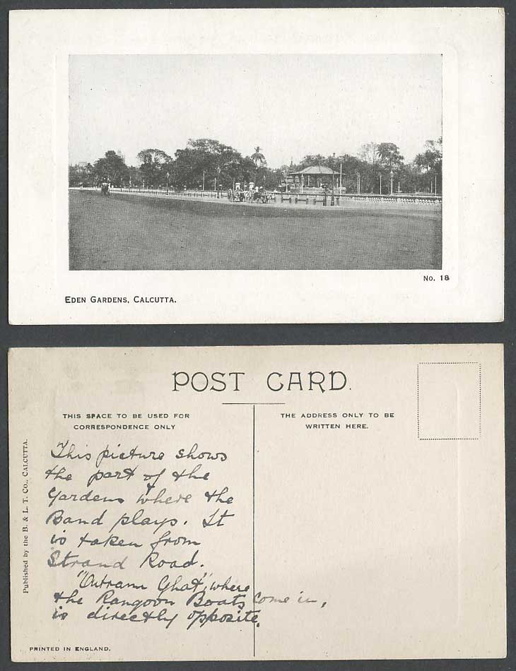 India Old Embossed Postcard EDEN GARDENS CALCUTTA, Bandstand Carts Band Stand 18