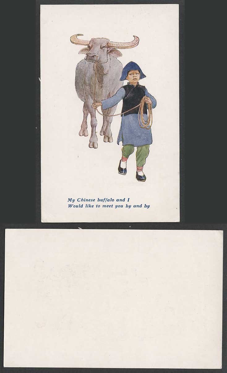 China Old Postcard Cowboy Chinese Buffalo and I Would Like to Meet You By and By