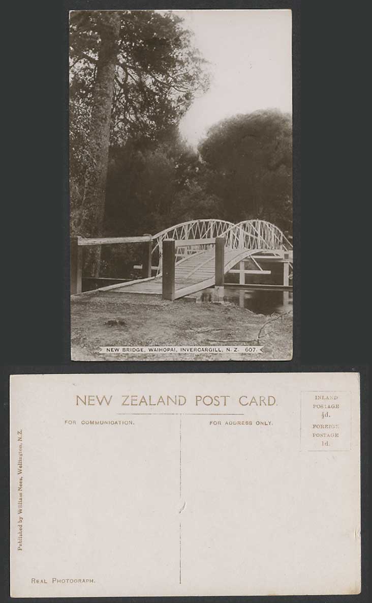 New Zealand Old Real Photo Postcard New Bridge Waihopai Invercargill River Trees