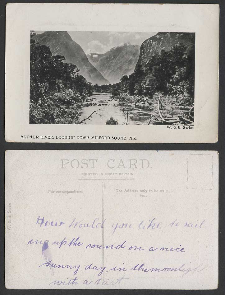 New Zealand Old Postcard ARTHUR RIVER Scene Looking Down MILFORD SOUND Mountains