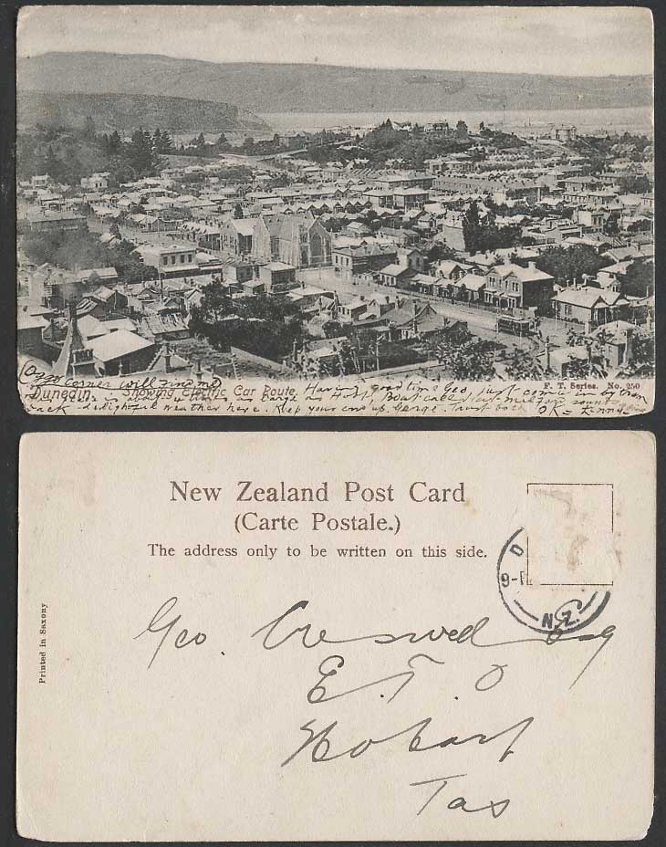 New Zealand Old UB Postcard Dunedin Showing Electric Car Route Street Scene TRAM