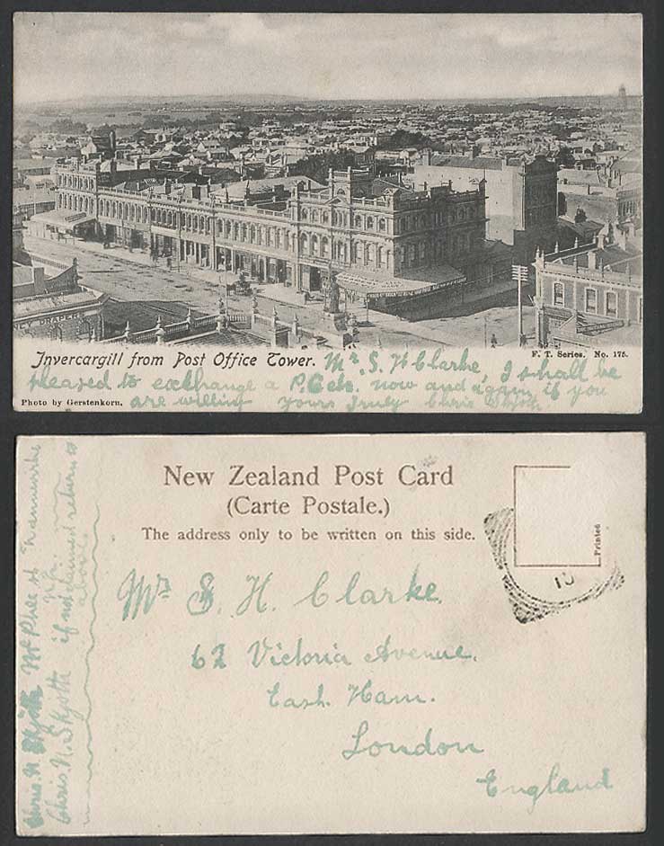 New Zealand 1910 Old UB Postcard Invercargill from Post Office Tower Street View