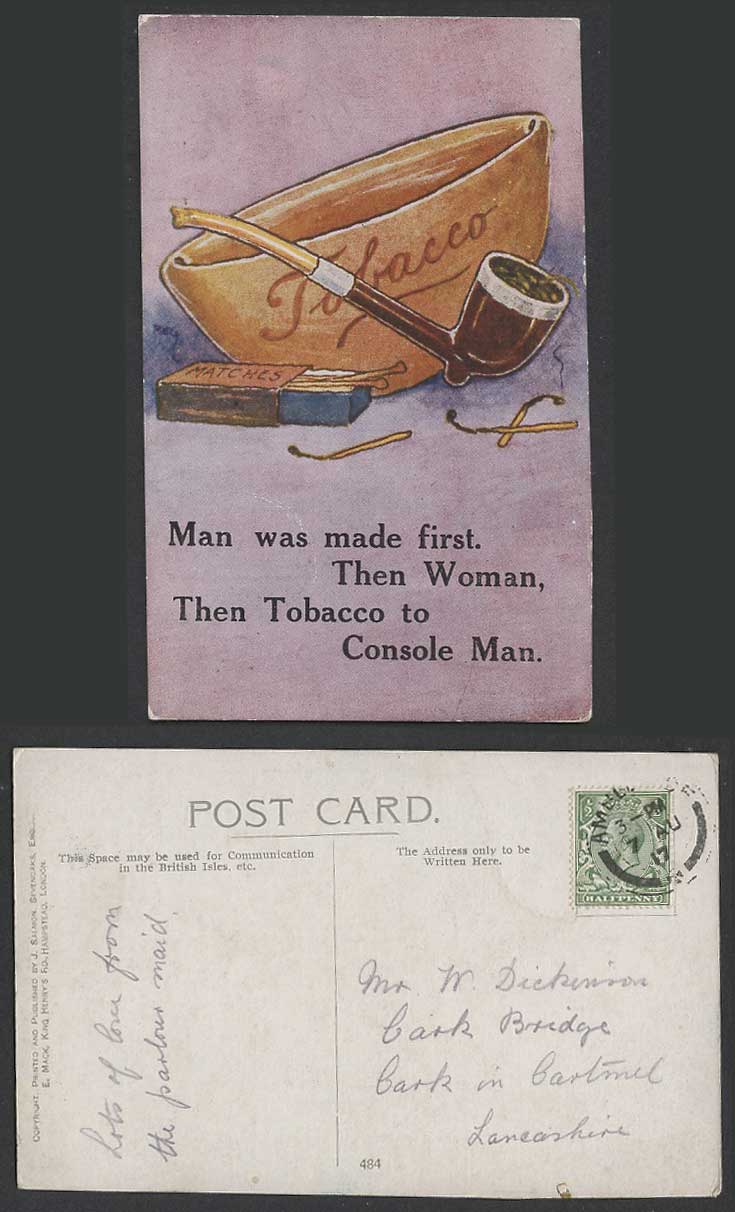 Reg Carter 1917 Old Postcard Man Was Made 1st Then Woman, Tobacco to Console Man