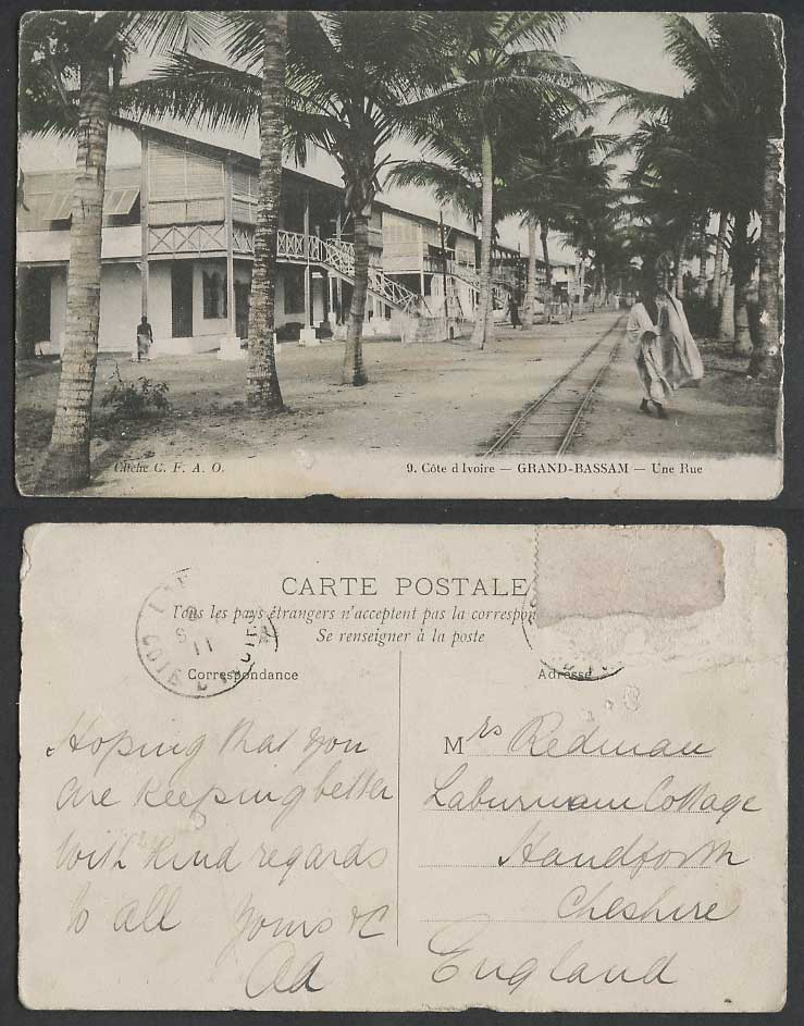 Ivory Coast 1911 Old Tinted Postcard Grand Bassam Une Rue Street Scene Railroads