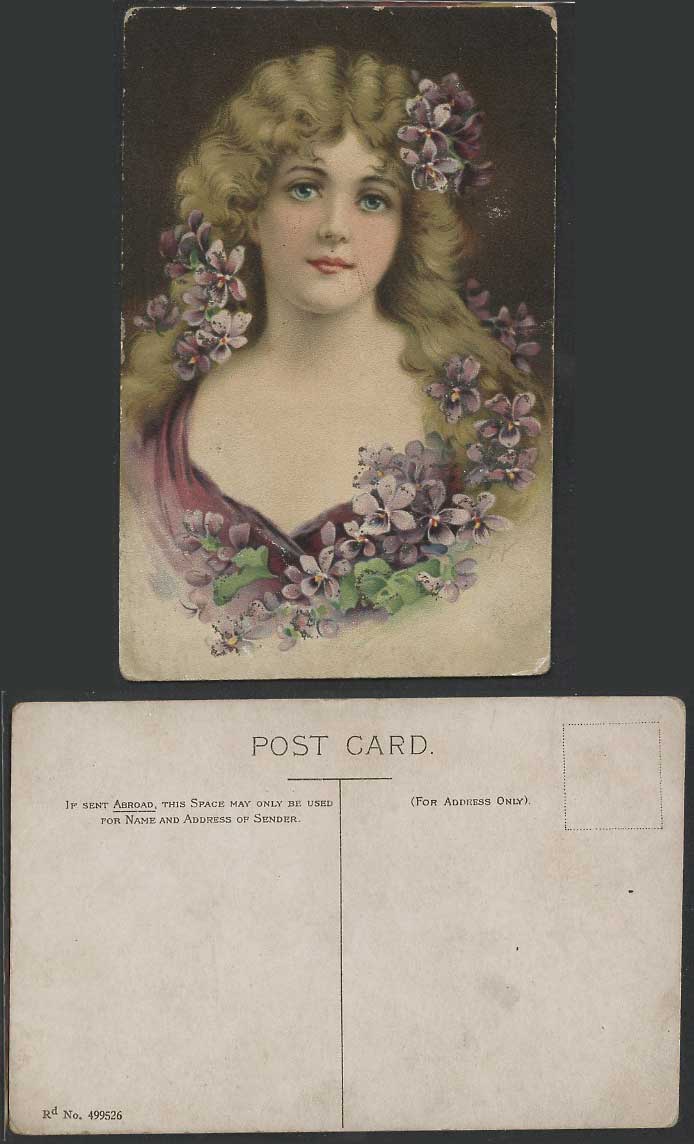 Glamour Lady Glamorous Woman Purple Violet Flowers Novelty Glitters Old Postcard