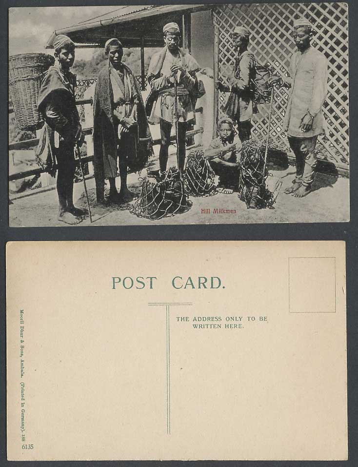 India Old Postcard Native Hill Milkmen Barefoot Men and Boy Baskets Jars Milkman