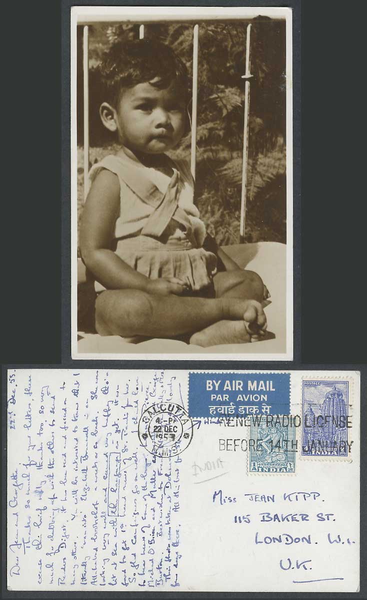 India Airmail 1a 4as R.M.S. 1953 Old Real Photo Postcard Native Indian Baby Girl