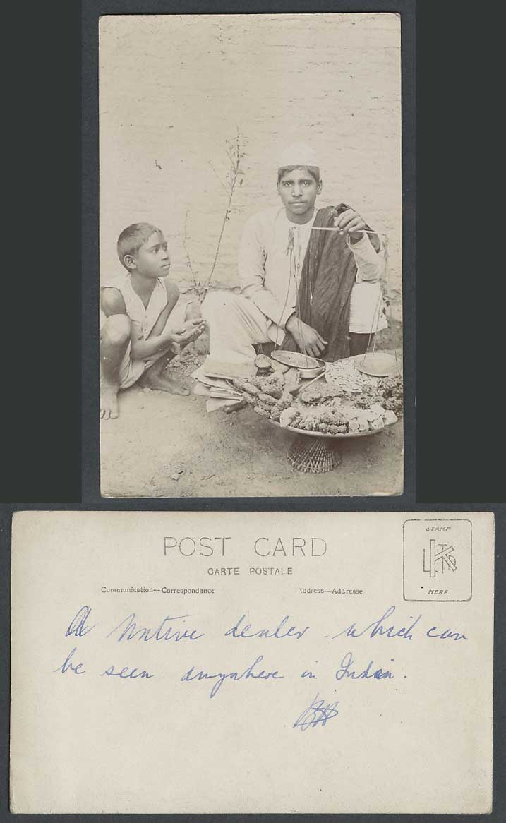 India Old Real Photo Postcard Native Dealer, Food Seller Vendor & Balance Scales