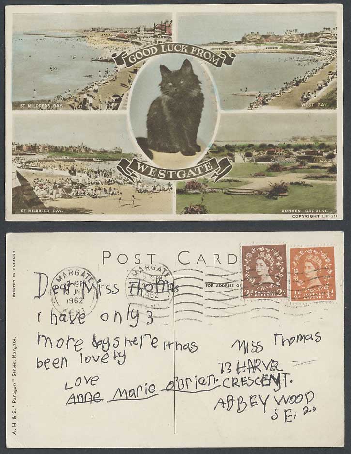 Westgate 1962 Old Hand Tinted Postcard Black Cat St. Mildreds Bay Sunken Gardens