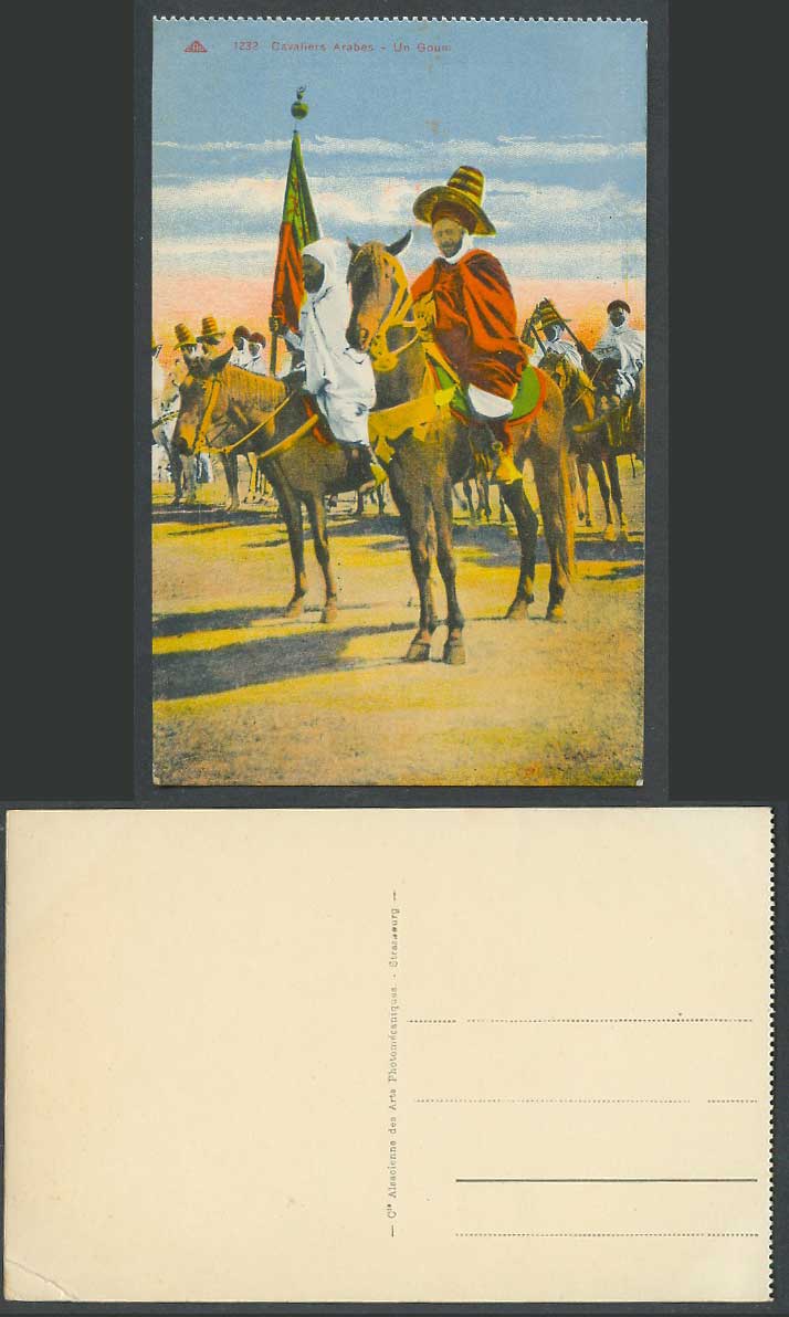 Arab Horsemen Native Arabe Men Horses Flag Cavaliers Arabes Old Colour Postcard