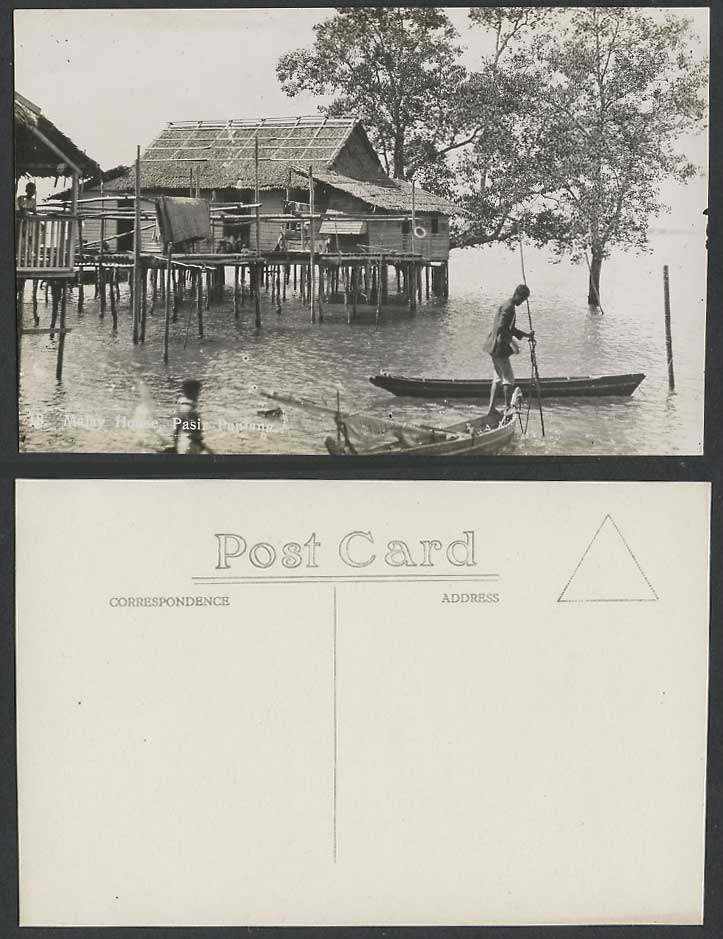 Singapore Pasir Panjang Malay Huts on Stilts Boats Canoe Old Real Photo Postcard