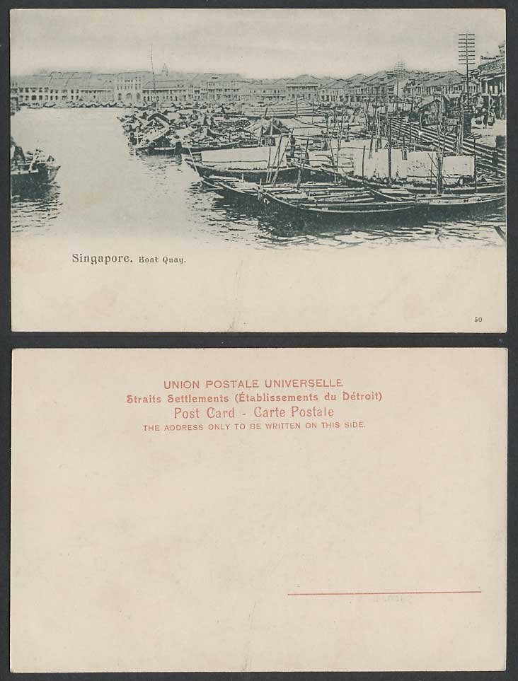 Singapore Old Postcard BOAT QUAY Native Sampans Boats Harbour Street Scene No.50
