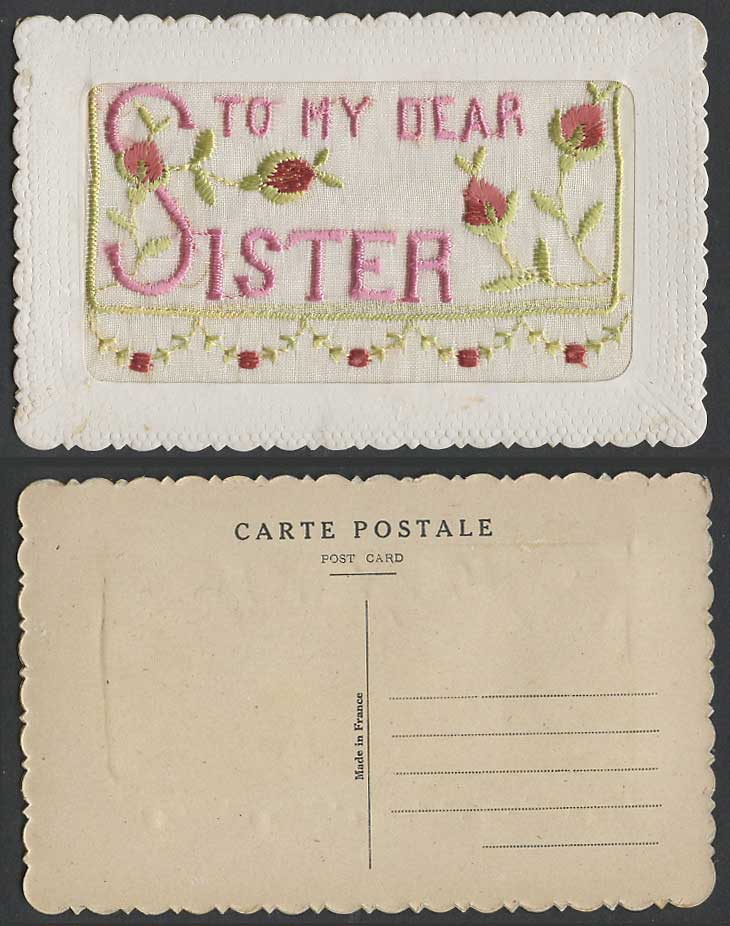 WW1 SILK Embroidered Old Postcard TO MY DEAR SISTER Flowers Empty Wallet Novelty