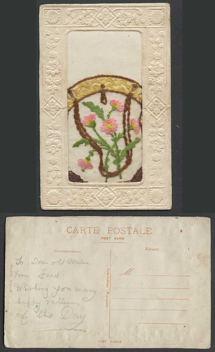 WW1 SILK Embroidered French Old Postcard Flowers, Novelty, Vise Paris France