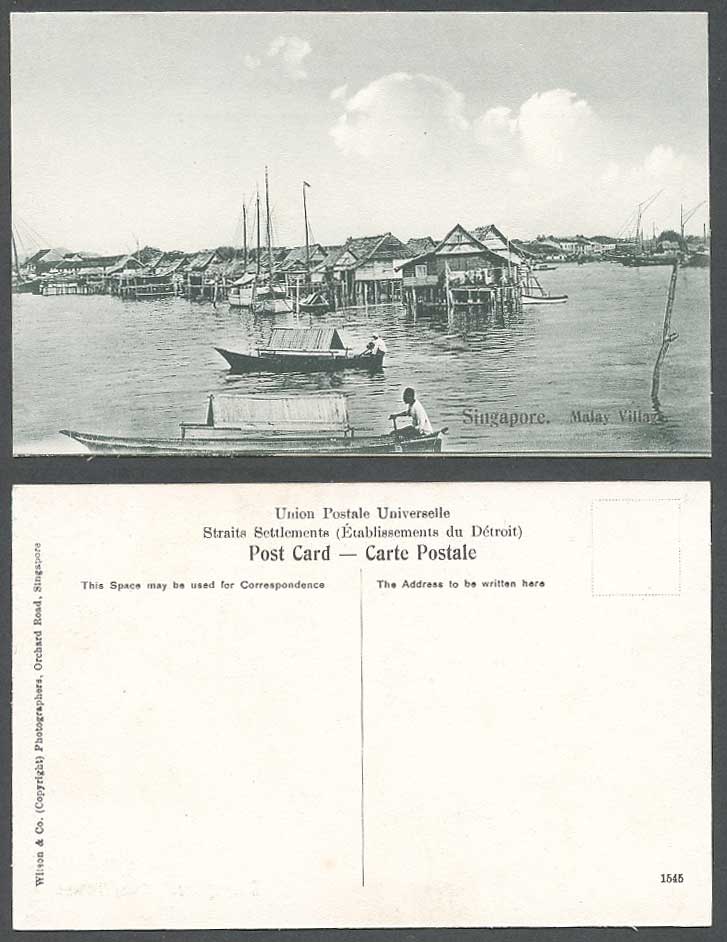 Singapore Old Postcard Malay Village Native Sampans Boats, Houses Huts on Stilts
