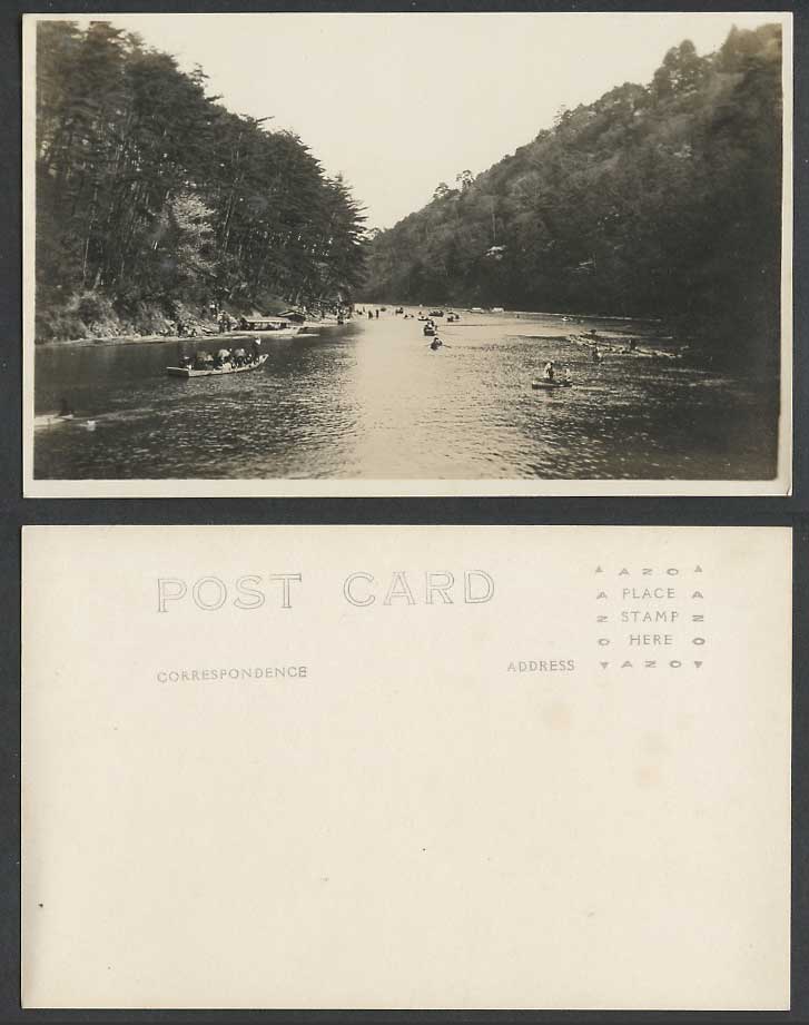 Japan Old Real Photo Postcard Lots of Boats Boating on Hozugawa Hozu River Kyoto