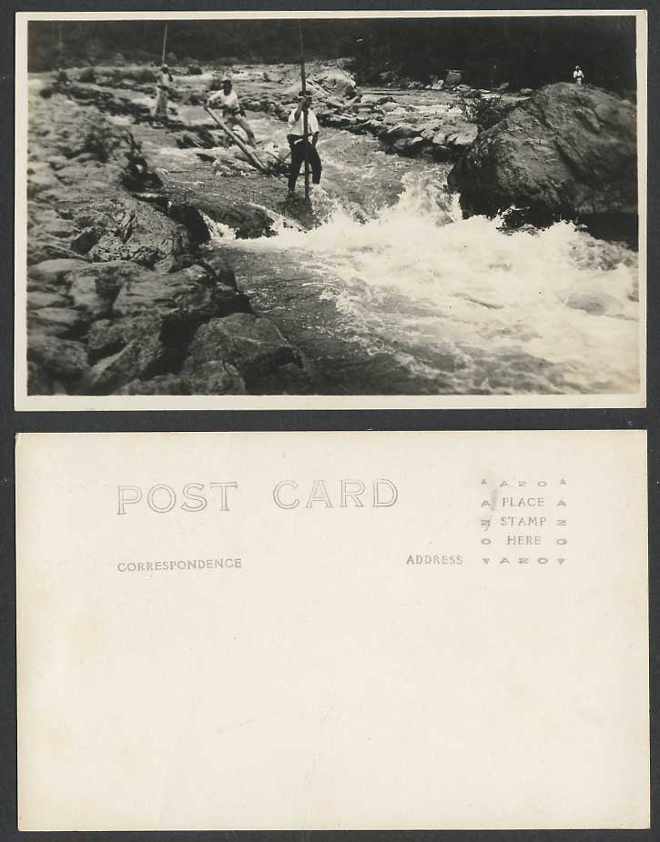 Japan Old Real Photo Postcard Men on Hozugawa Hozu Rapids River View Rocks Kyoto