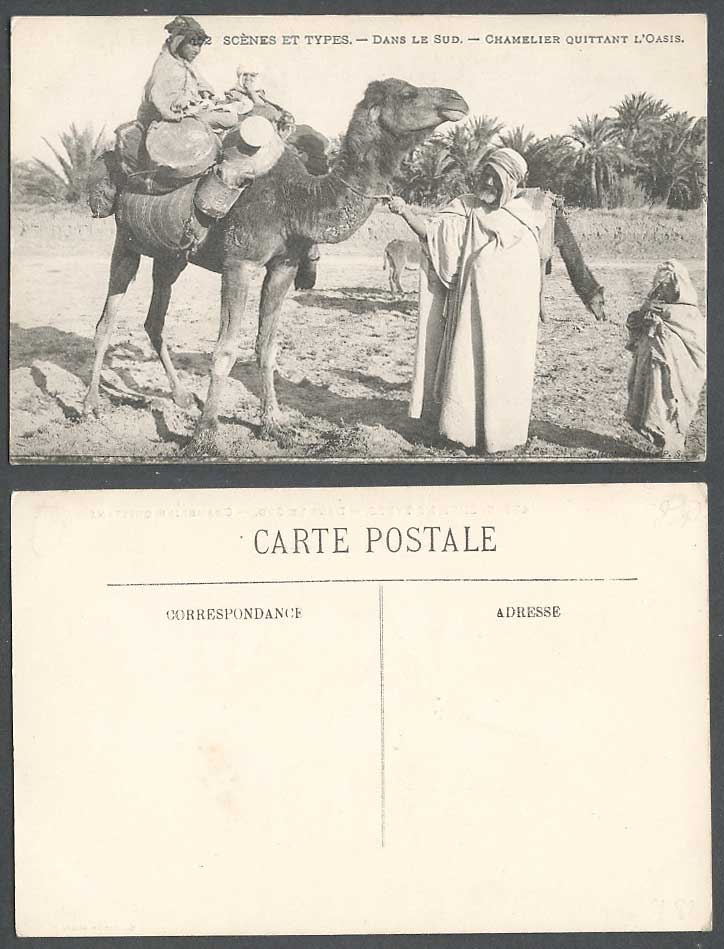 North Africa In The South, Camel Leaving Oasis Palm Trees Man Child Old Postcard