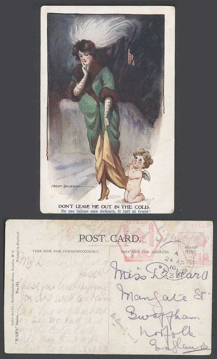 Fred Spurgin OAS Censored 1916 Old Postcard Don't Leave Me Out in the Cold Cupid