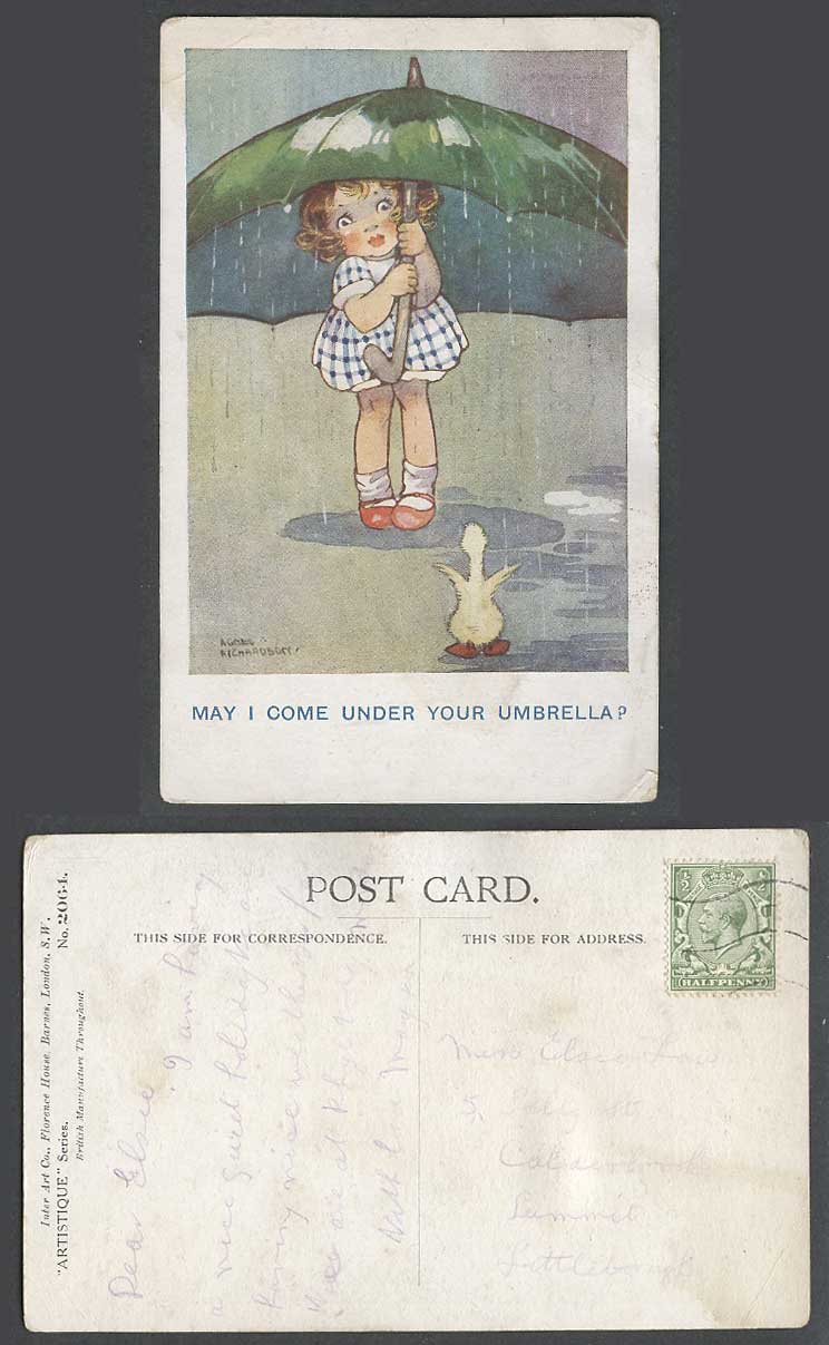 Agnes Richardson Old Postcard May I Come Under Your Umbrella? Duck Duckling Bird