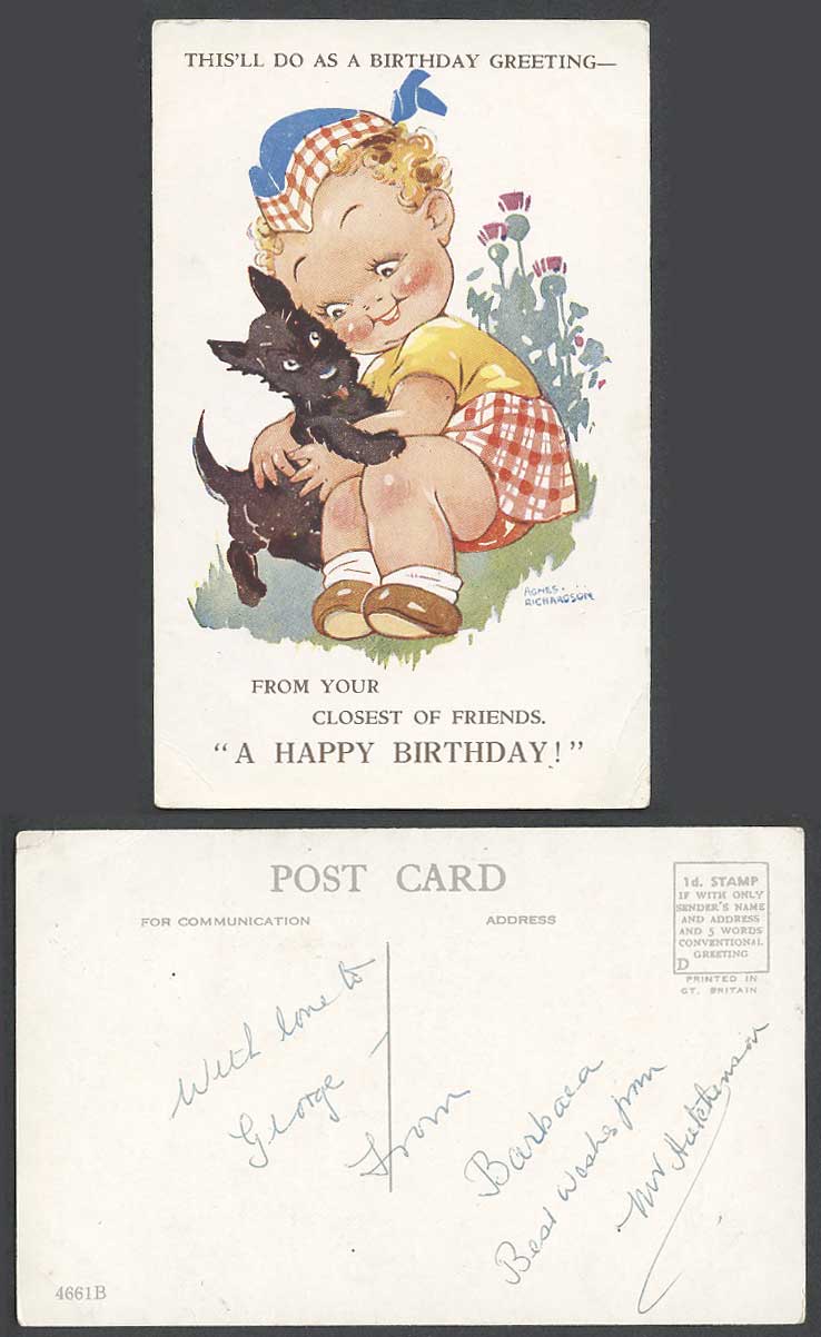 Agnes Richardson Old Postcard Girl Black Dog Puppy Happy Birthday Closest Friend