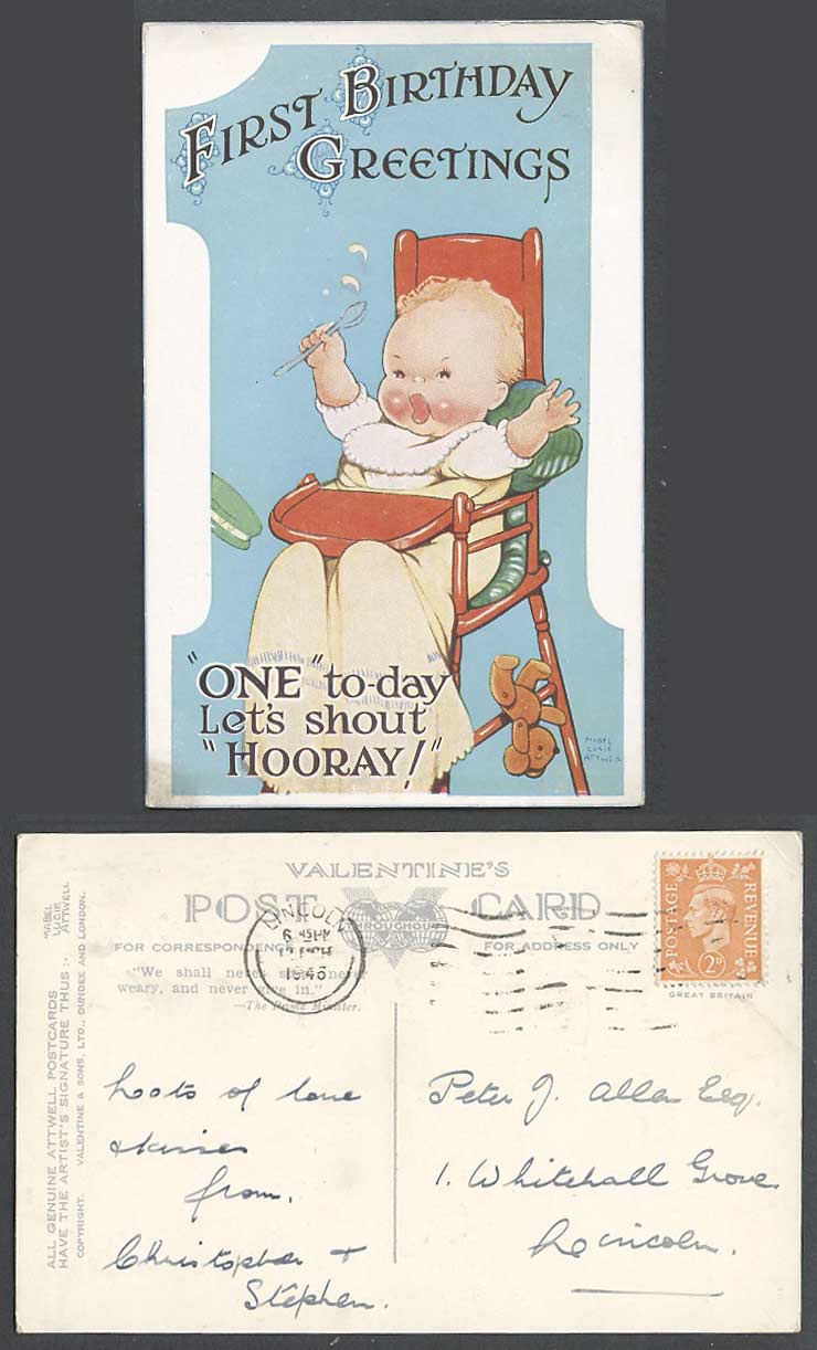 MABEL LUCIE ATTWELL 1946 Old Postcard First Birthday One Today Hooray Teddy Bear