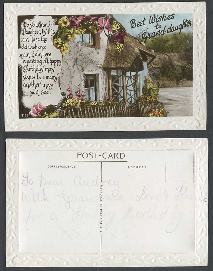 Thatched Cottage Flowers Best Wishes to Grand-Daugther Greetings Old RP Postcard