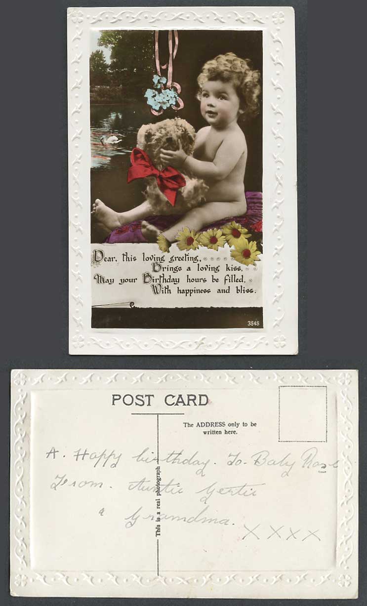 Baby Boy Girl Teddy Bear, Flowers Bird  Birthday Greetings Children Old Postcard