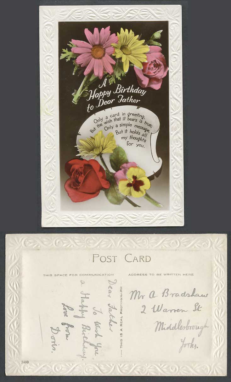 A Happy Birthday to Dear Father Greetings Roses Pansy Flowers Old Color Postcard