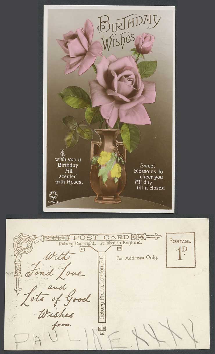 Roses in Vase Rose Flower Greetings Birthday Wishes Sweet Blossoms Old Postcard