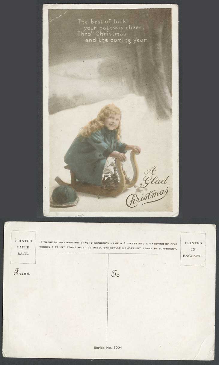 Little Girl on a Small Sled Sledge, Snow Old Postcard A Glad Christmas Greetings
