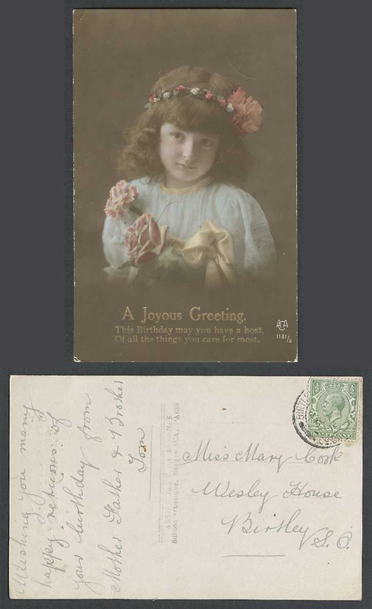 Little Girl Children Rose Flower 1916 Old RP Postcard A Joyous Greeting Birthday