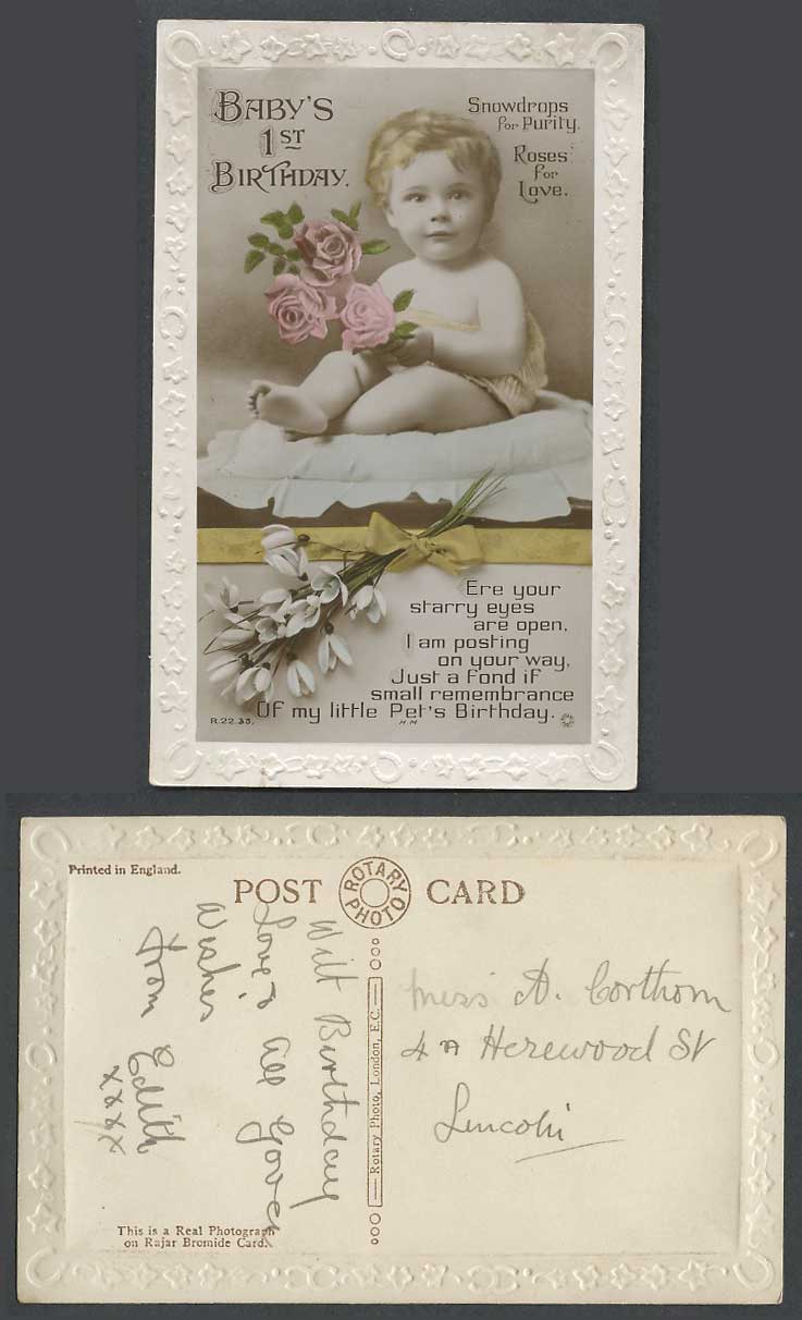 Baby's 1st Birthday, Snowdrops for Purity Roses for Love Flowers Old RP Postcard