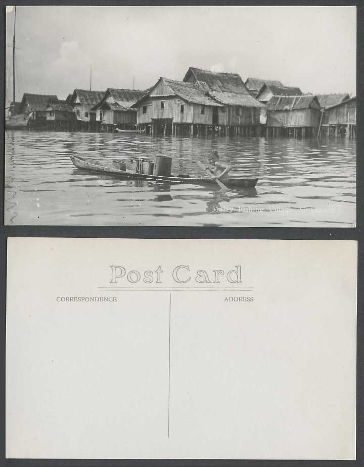 Singapore Old Real Photo Postcard Malay Fishing Village Boy on Boat Canoe Houses
