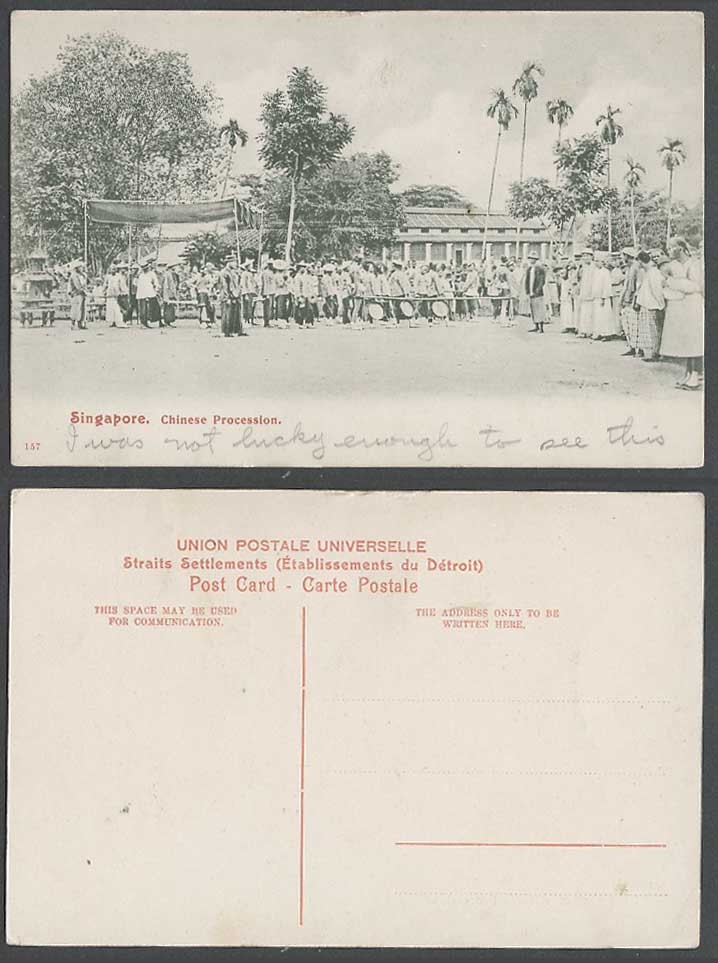 Singapore Old Postcard Chinese Street Procession, Chinaman Palm Trees Malaya 157