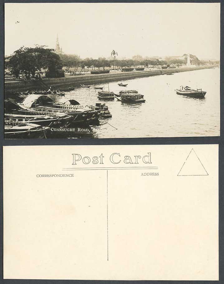 Singapore Old Real Photo Postcard Connaught Road Street, Sampan Boats in Harbour