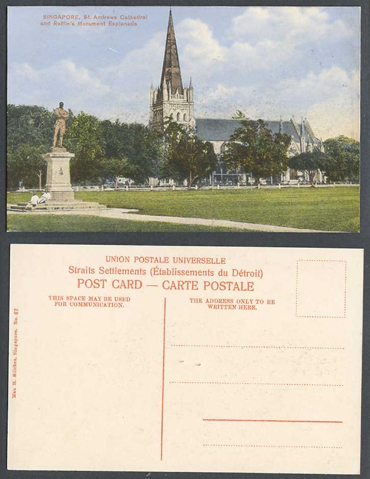 Singapore Old Colour Postcard St Andrews Cathedral & Raffle's Monument Esplanade