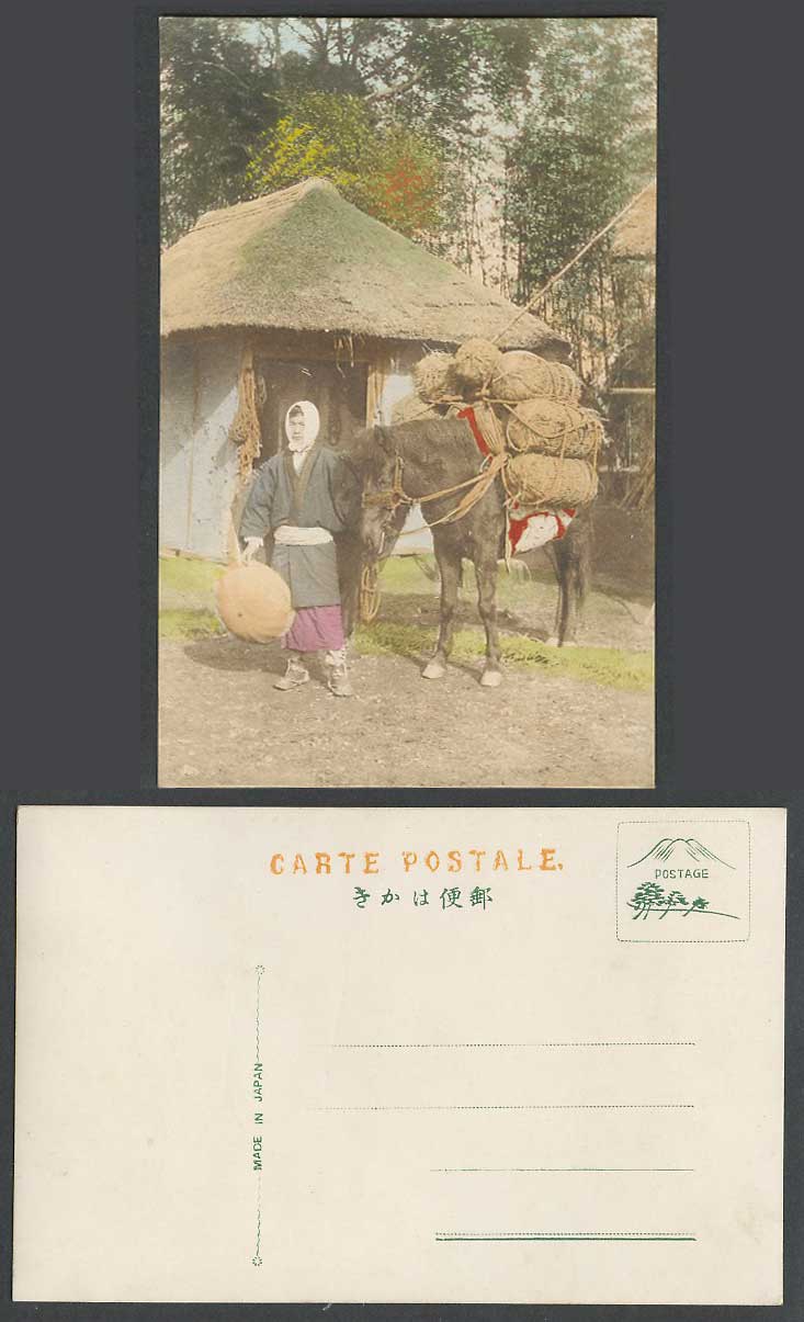 Japan Old Hand Tinted Postcard Native Japanese Peasant & Horse Village Hut House