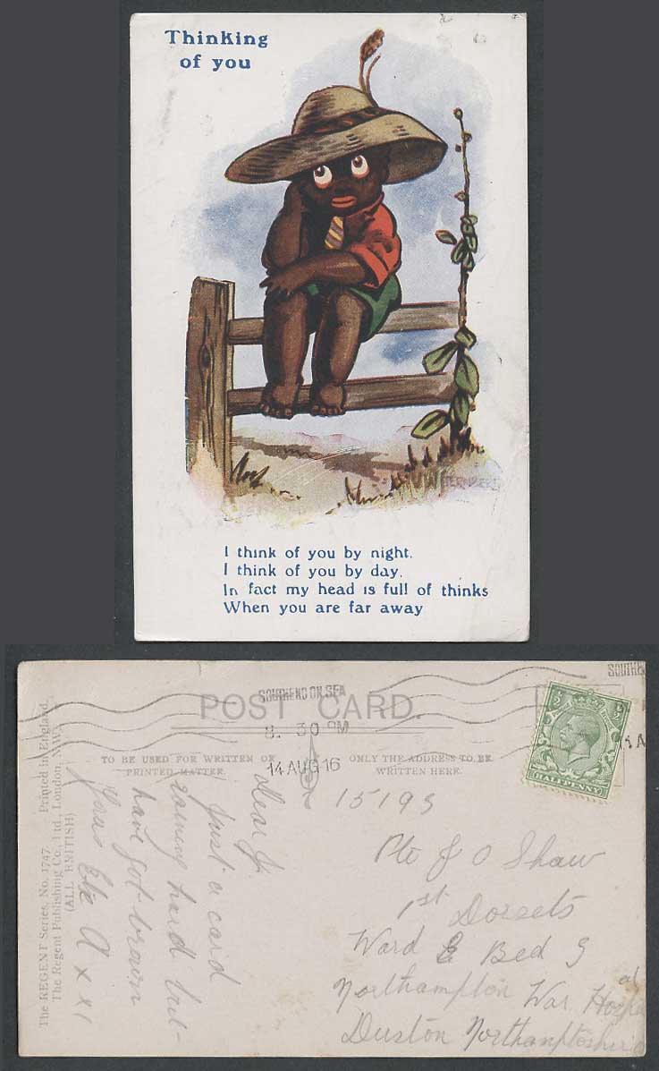 Black Boy or Girl Hat Children, Thinking of You V.W. Sterndert 1916 Old Postcard