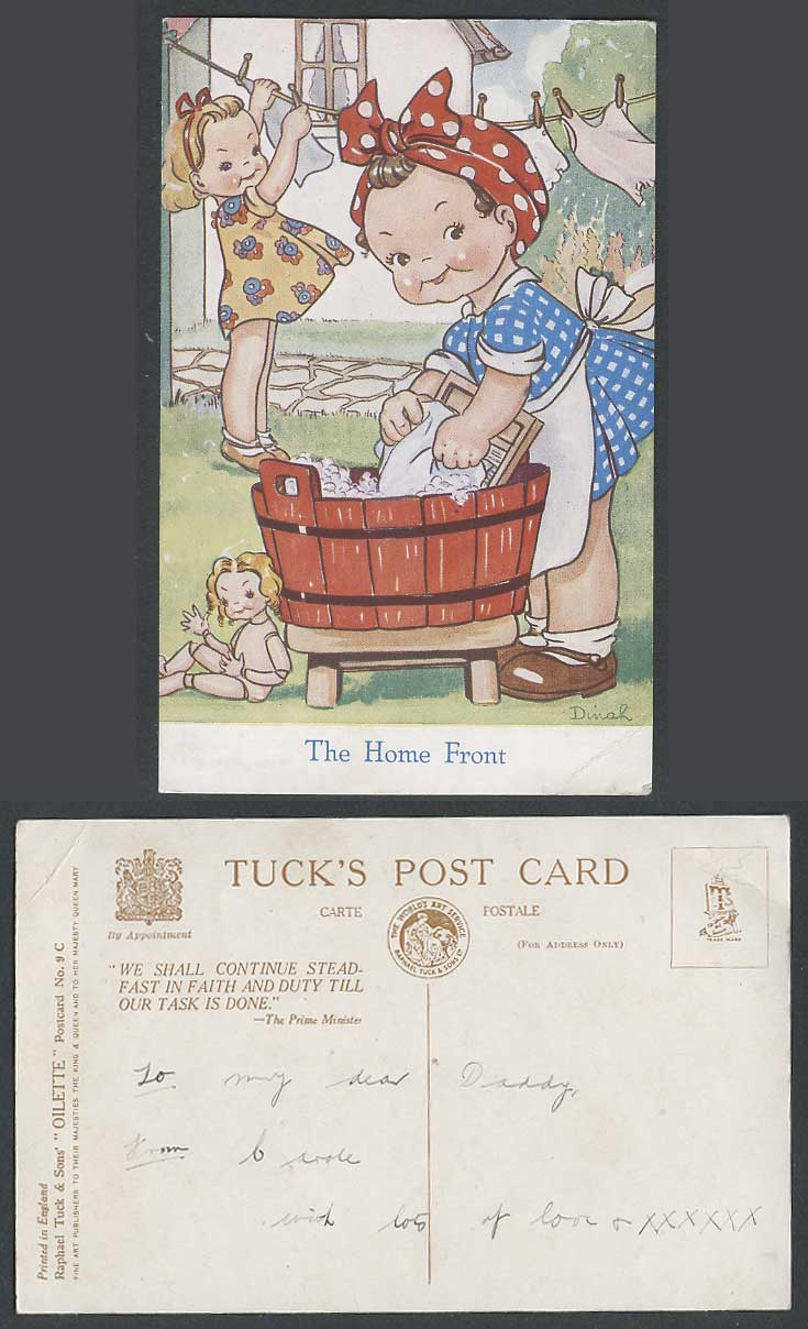 DINAH Artist Signed Old Tuck's Postcard The Home Front Doll Girl Washing Clothes