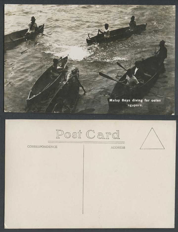 Singapore Old Real Photo Postcard Malay Boys Diving For Coins Rowing Boats Canoe