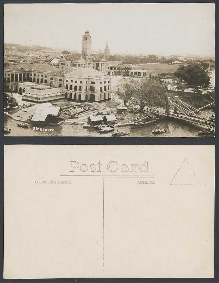 Singapore Old Real Photo Postcard Bridge Victoria Memorial Hall Boat Aerial View