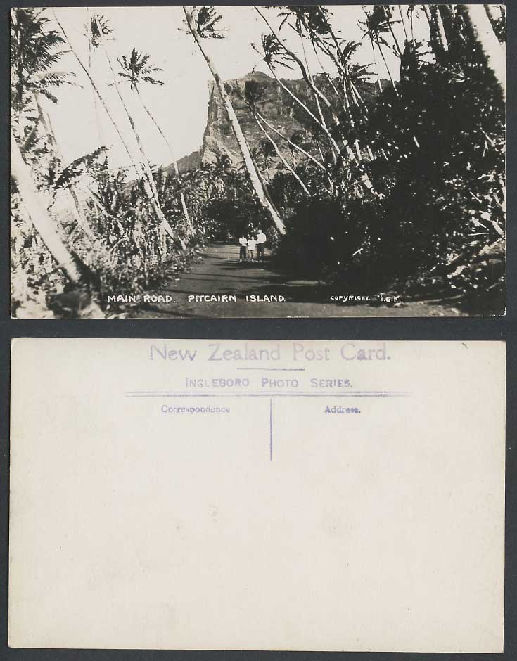 Pitcairn Island Main Road Palm Trees Old RP Postcard N.Z. Ingleboro Photo Series