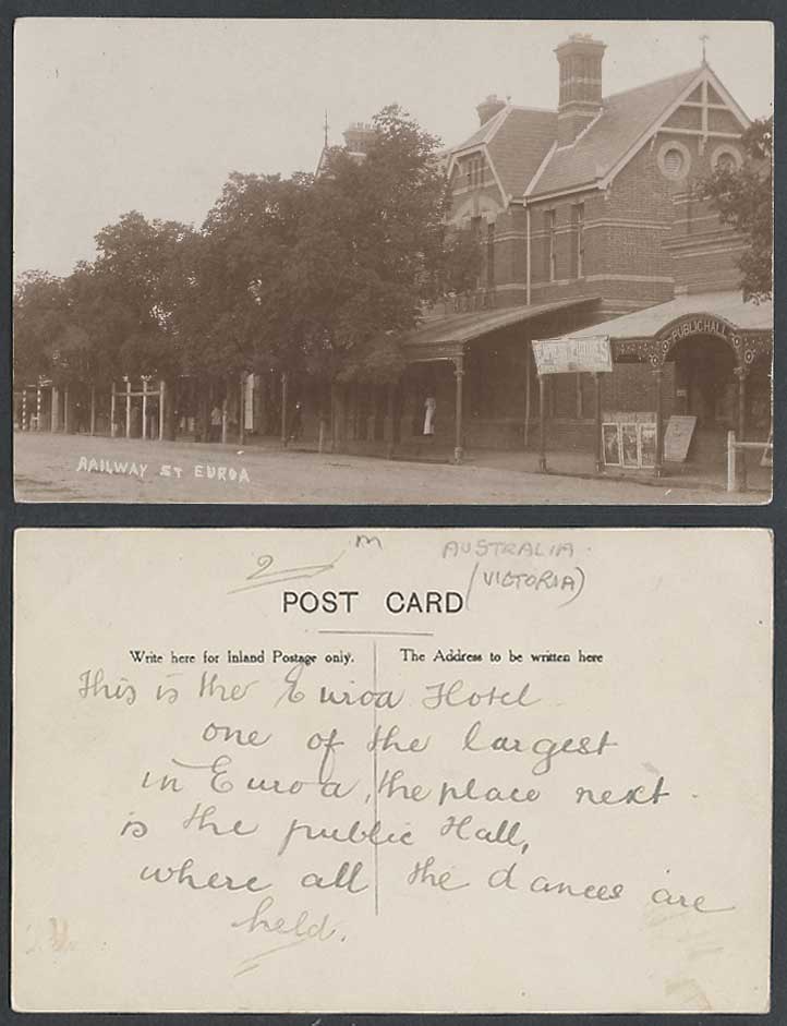 Australia Old Real Photo Postcard Euroa Hotel, Railway Street Scene, Public Hall