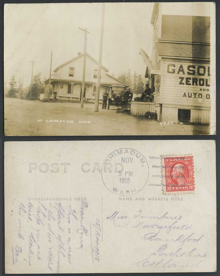USA 1915 Old Photo Postcard Motor Car Filling Gasoline, At Chimacum, Wash. Hotel